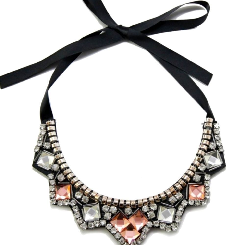 T&J DESIGNS Necklace Statement Bib Blk Silk Pink White Bling Gold Plated…